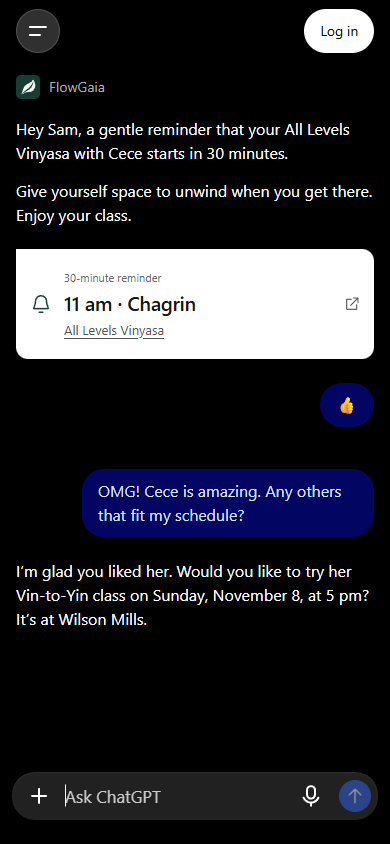 Illustrative FlowGaia conversation in ChatGPT: a class reminder and an after-class question