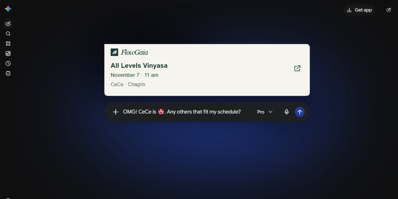 Illustrative FlowGaia class card and follow-up question inside Gemini; this is a mockup, not a connected account