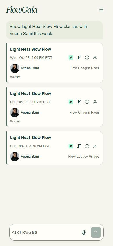 Actual FlowGaia guest chat showing a public class search, Veena Sanil's portrait, class times, studios, waitlist labels and the bottom composer